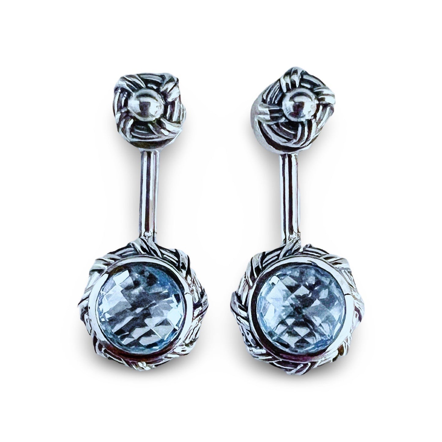 Fantasies Round Push Pin Drop Earrings in sterling silver with blue topaz