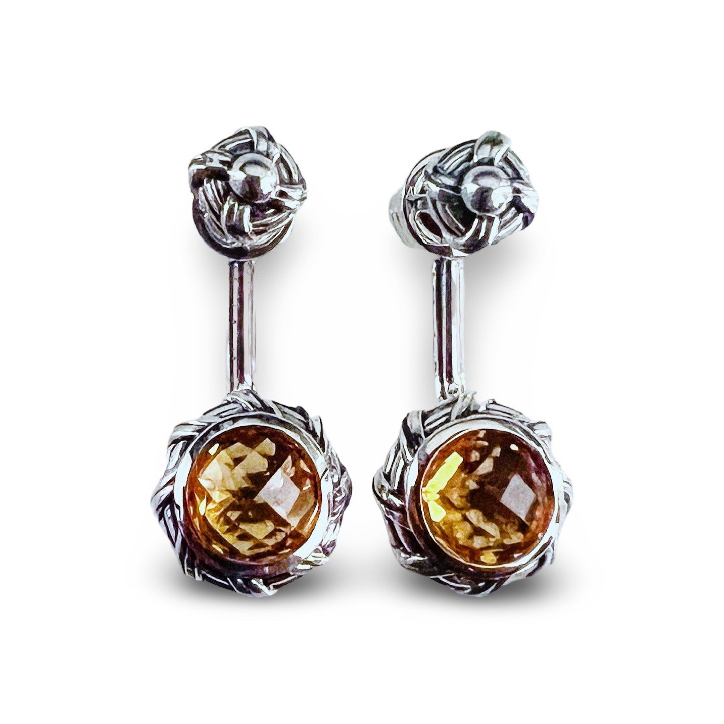 Fantasies Round Push Pin Drop Earrings in sterling silver with citrine