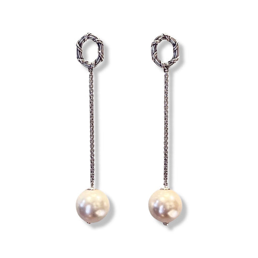 Bead Chain Earrings in sterling silver with white sea shell pearls