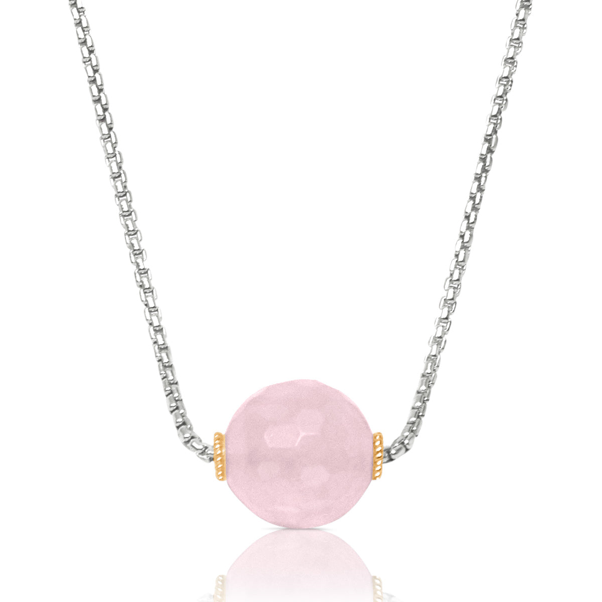 Bead Necklace with rose quartz in two tone sterling silver