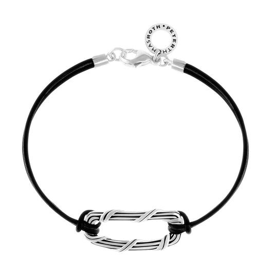 Rectangle Link Bracelet in sterling silver and black leather
