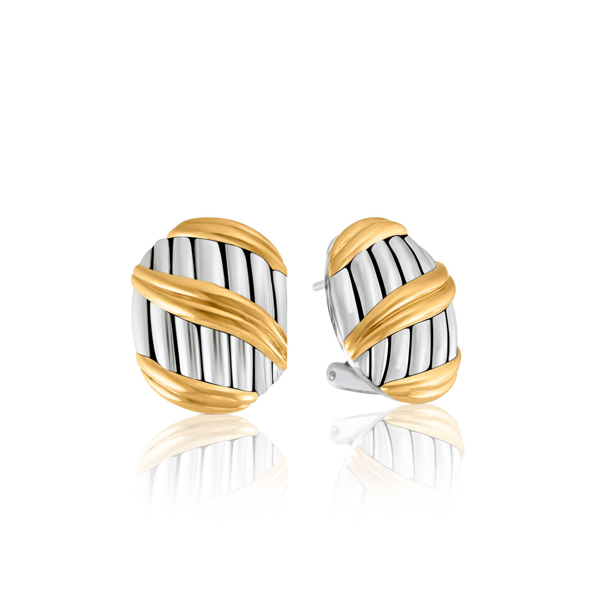 Signature Classic Button Omega Back Earrings in two tone sterling silver