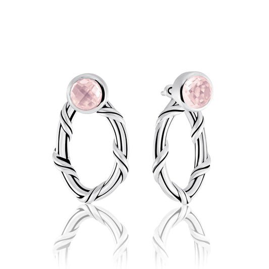 Sorbetto Gemstone Front Back Hoop Earrings in sterling silver with rose quartz