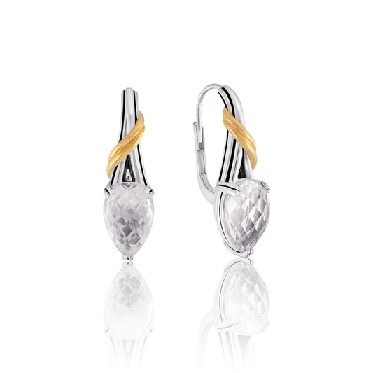 Fantasies Rock Crystal Pear Drop Earrings in two tone sterling silver