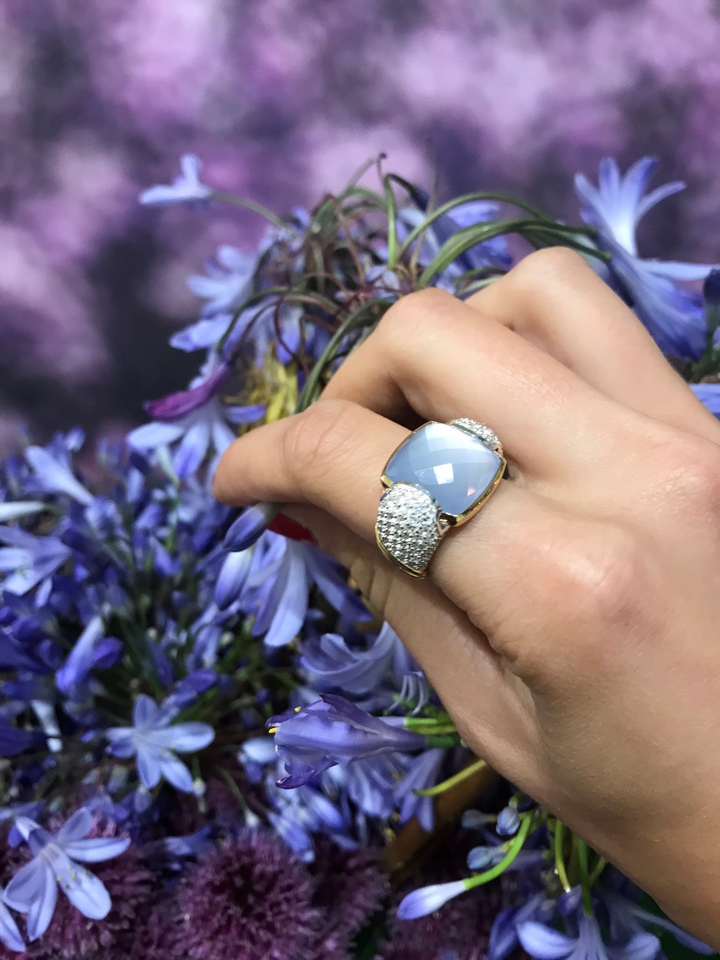 Fantasies Blue Chalcedony Pave Statement Ring in two tone sterling silver with white topaz