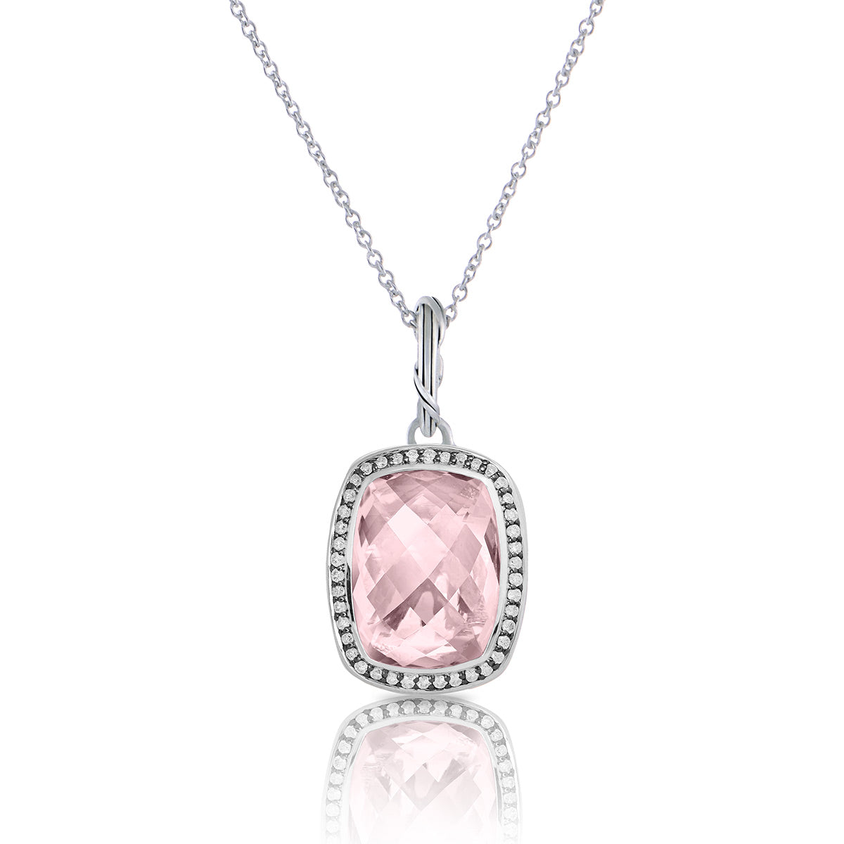 Fantasies Rose Quartz Halo Pendant Necklace in sterling silver with white topaz