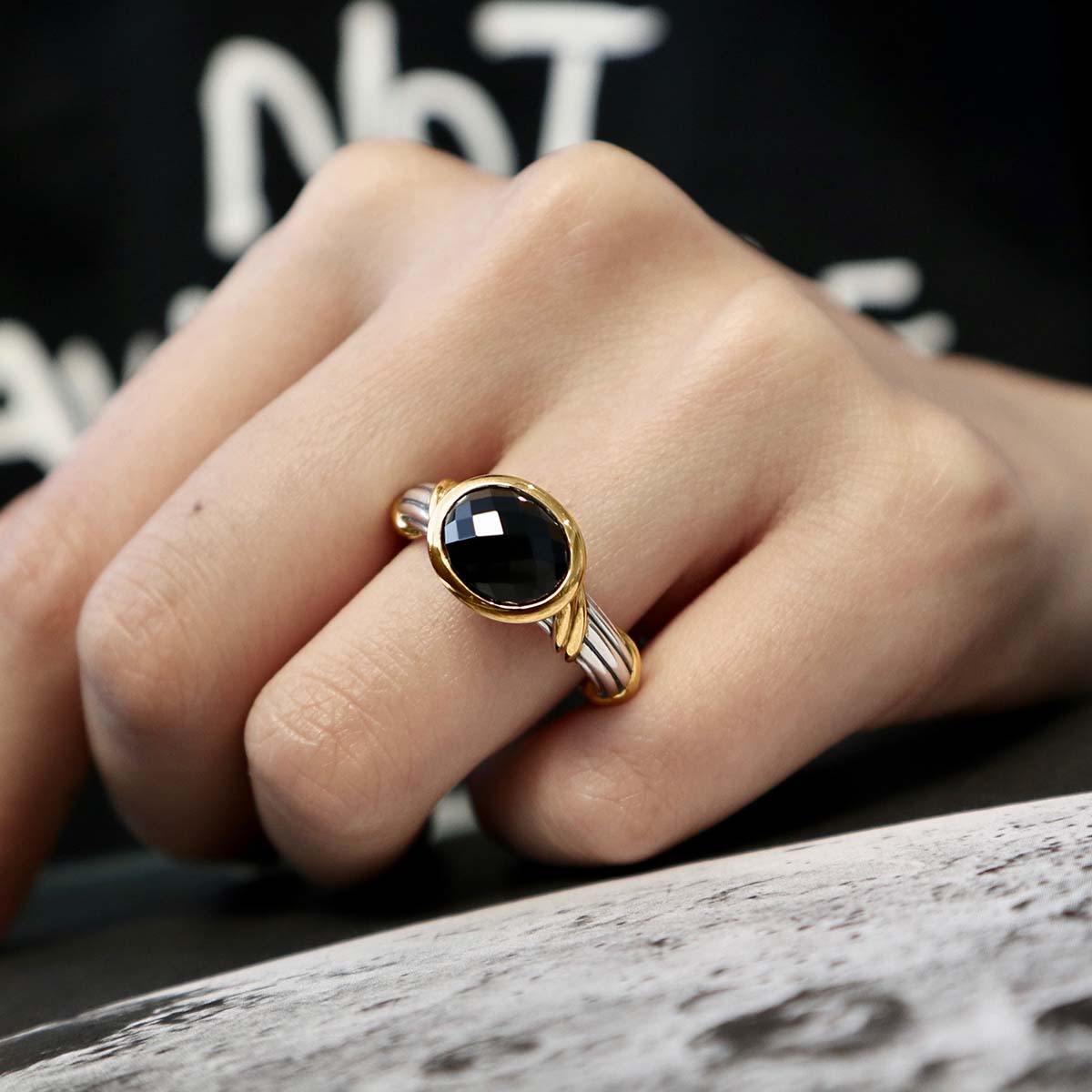 Fantasies Black Onyx Oval Bezel Set Ring in two tone sterling silver