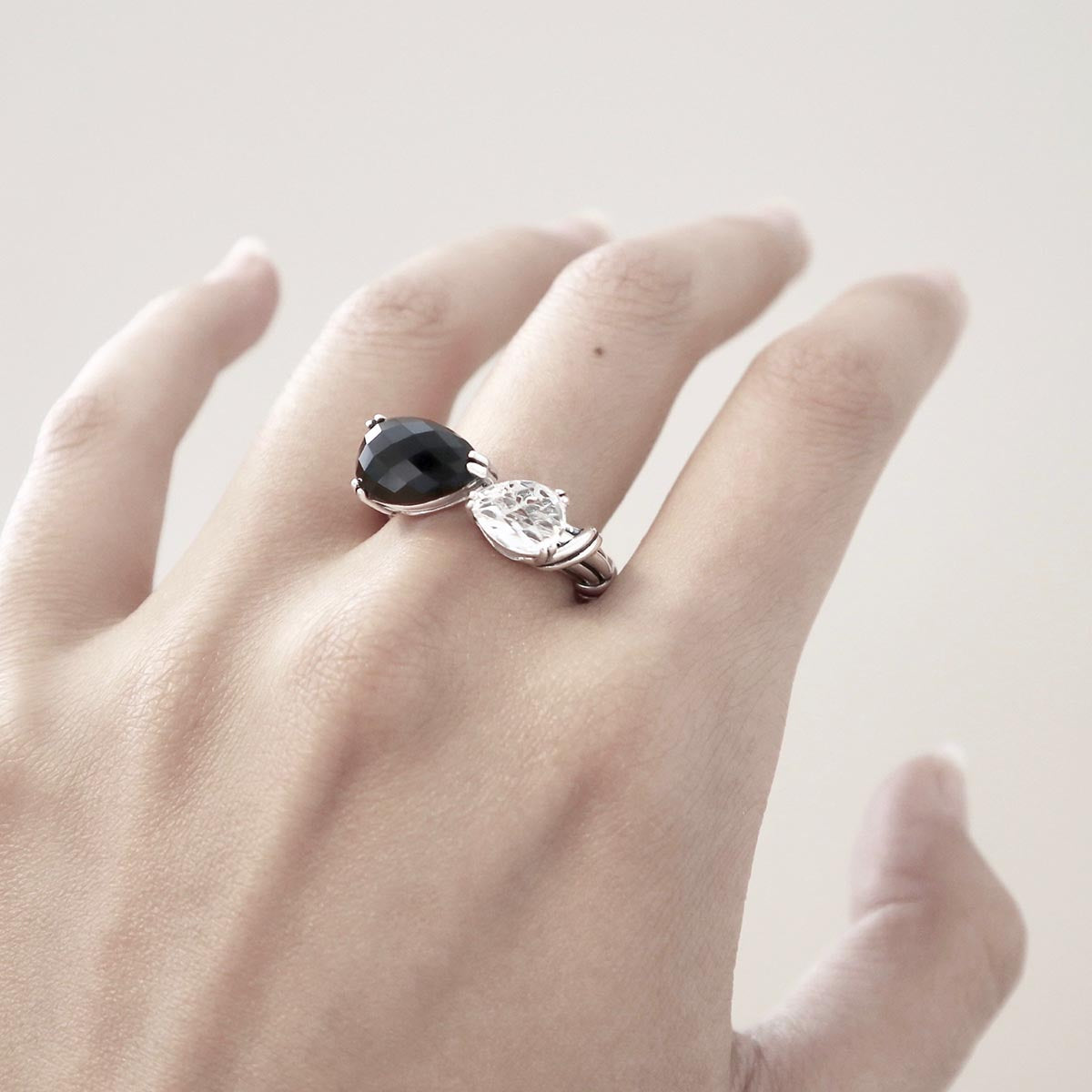 Fantasies Pear Bypass Ring in sterling silver with black onyx and rock crystal