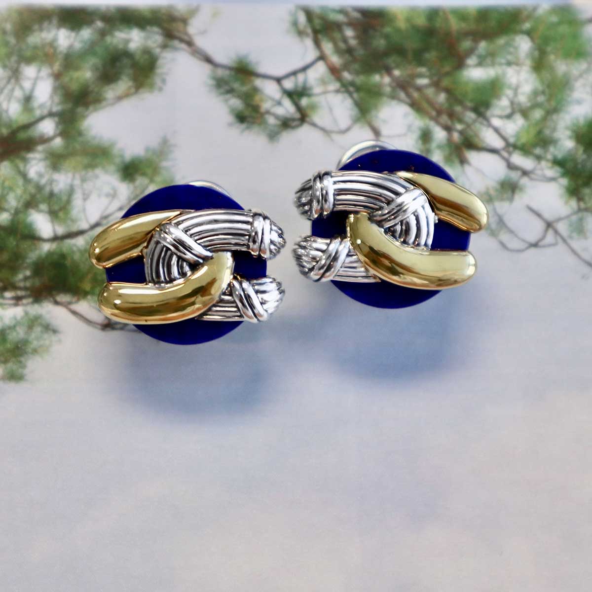 Southampton Disc Knot Earrings in two tone sterling silver with lapis