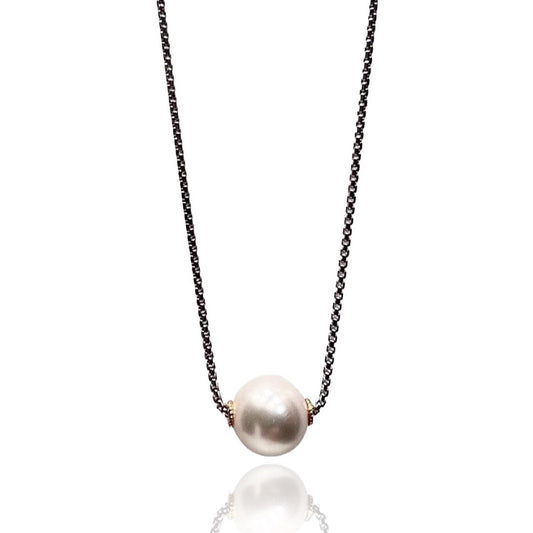 Bead Necklace with white sea shell pearl in two tone sterling silver