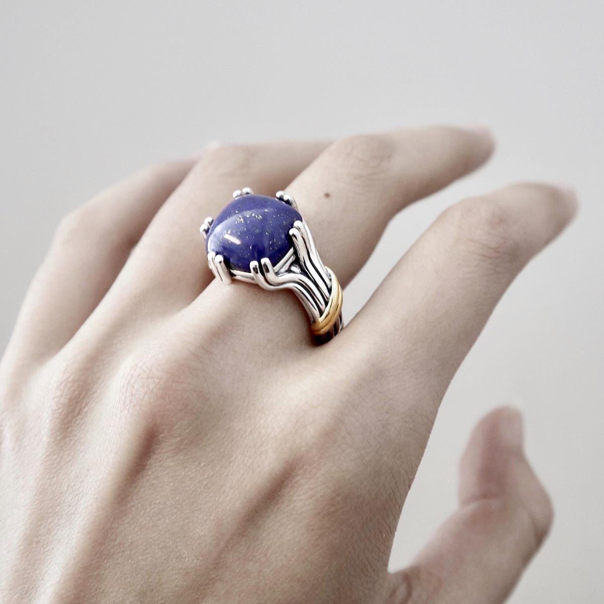 Bonbon Statement Ring in two tone sterling silver with lapis