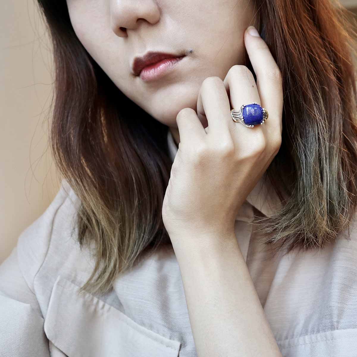 Bonbon Statement Ring in two tone sterling silver with lapis