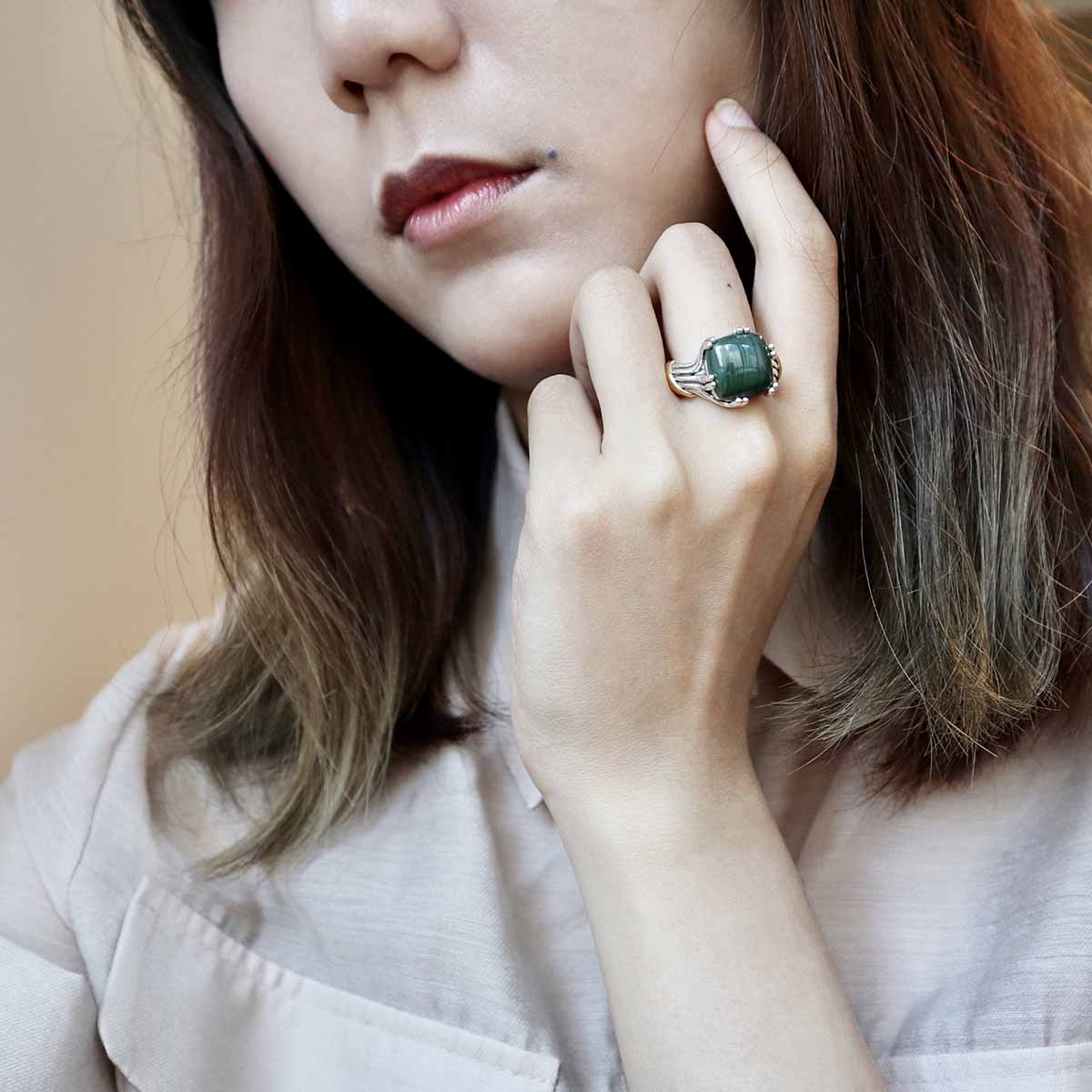 Bonbon Statement Ring in two tone sterling silver with malachite