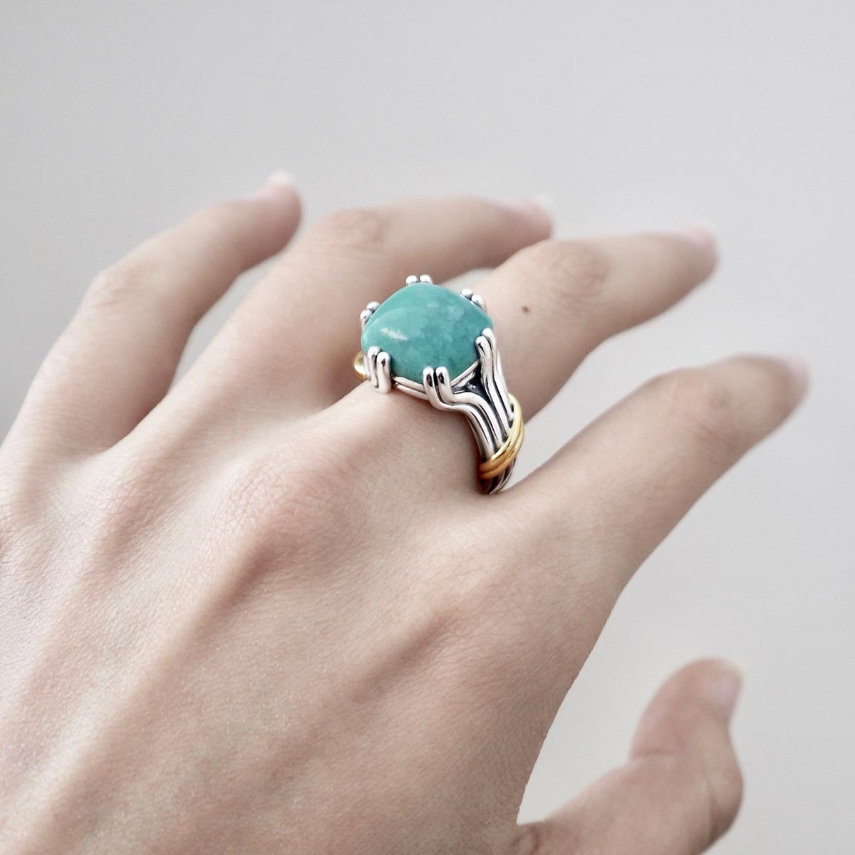 Bonbon Statement Ring in two tone sterling silver with turquoise