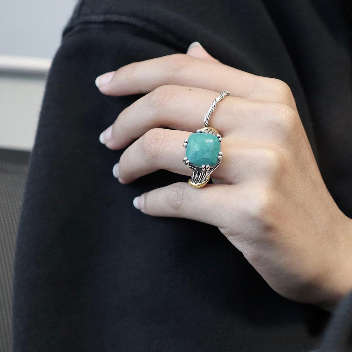 Bonbon Statement Ring in two tone sterling silver with turquoise