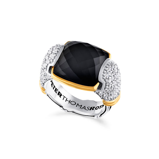 Fantasies Black Onyx Pave Statement Ring in two tone sterling silver with white topaz