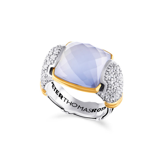 Fantasies Blue Chalcedony Pave Statement Ring in two tone sterling silver with white topaz