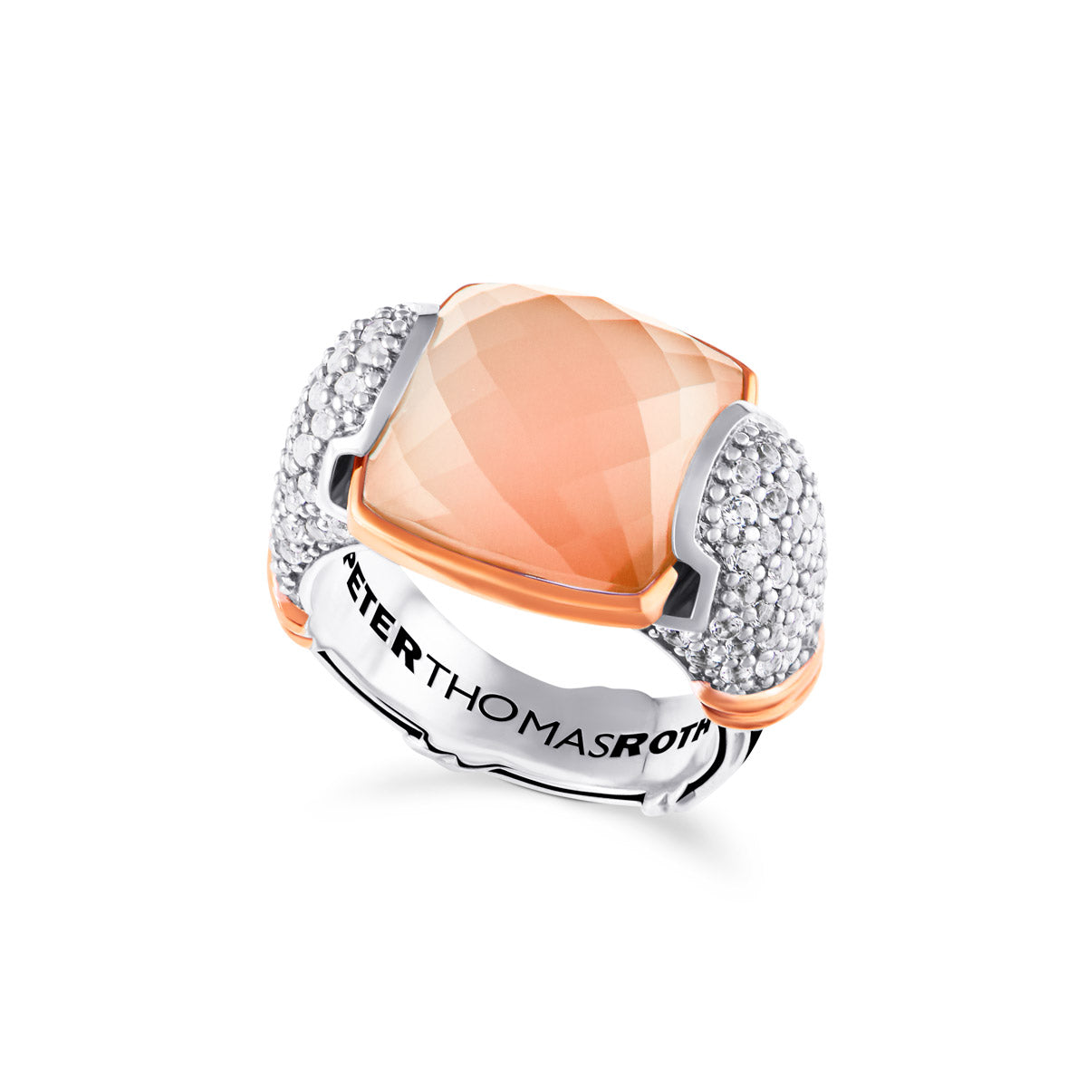 Fantasies Peach Moonstone Pave Statement Ring in two tone sterling silver with white topaz