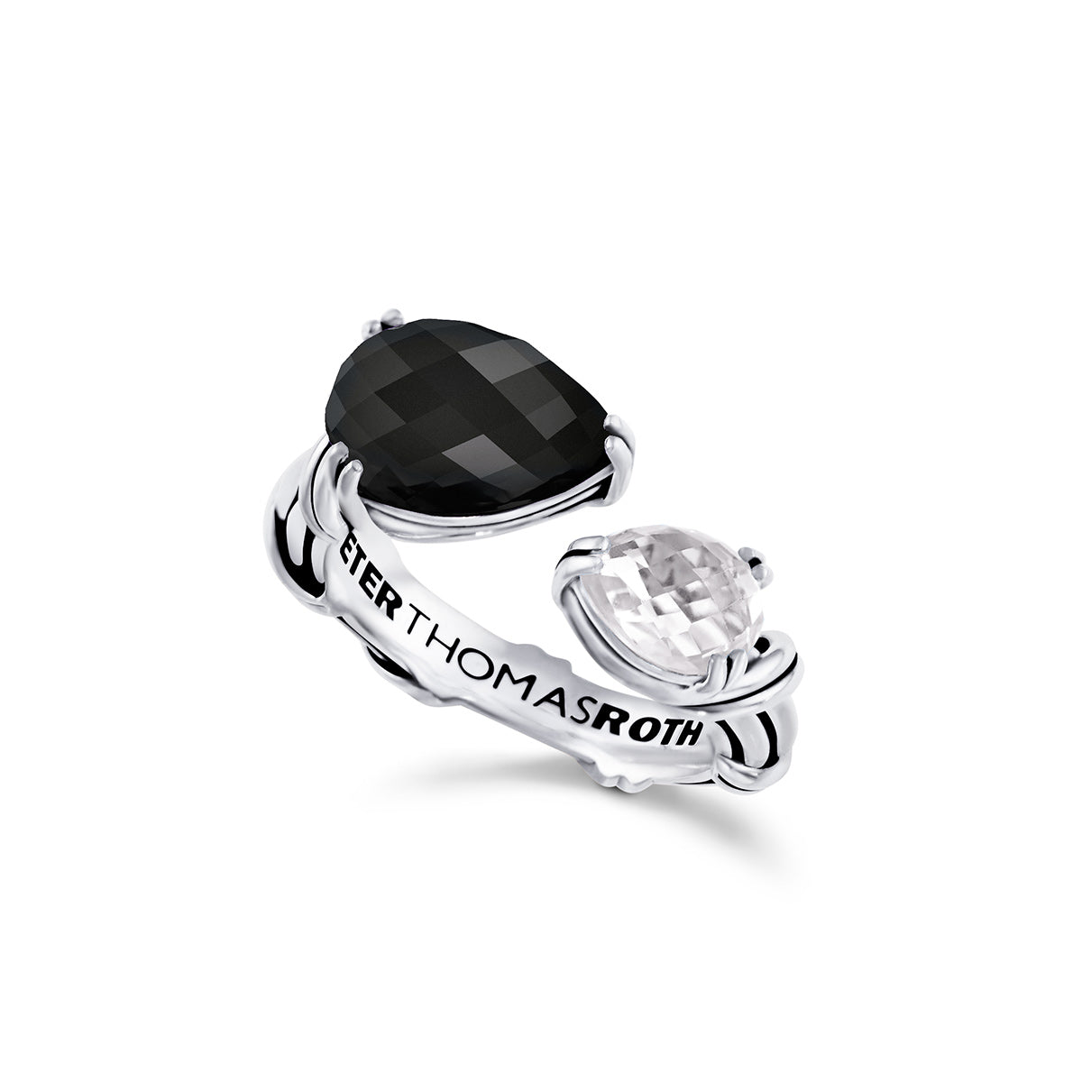 Fantasies Pear Bypass Ring in sterling silver with black onyx and rock crystal