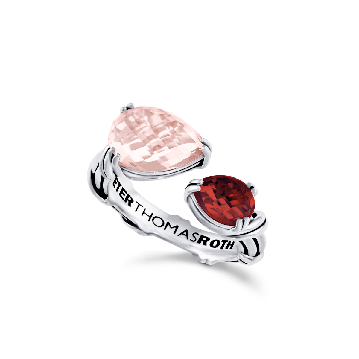 Fantasies Pear Bypass Ring in sterling silver with rose quartz and garnet
