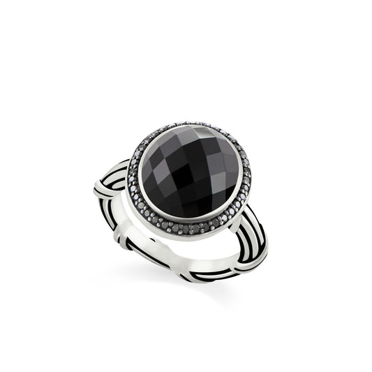 Galaxy Black Onyx Halo Ring in sterling silver with black spinel