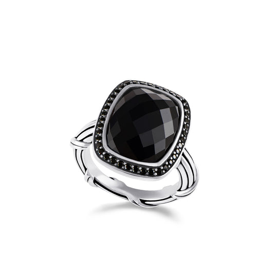 Galaxy Black Onyx Rectangle Halo Ring in sterling silver with black spinel