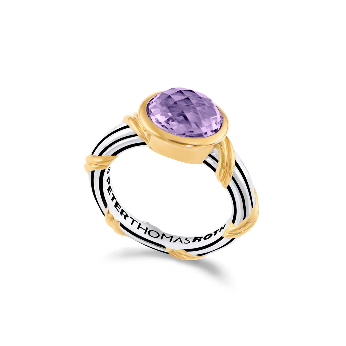 Fantasies Amethyst Oval Bezel Set Ring in two tone sterling silver